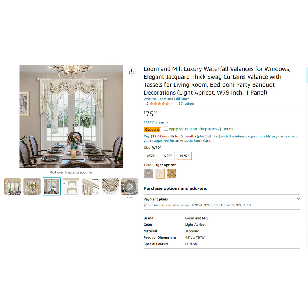 Loom and Mill Luxury Waterfall Valances for Windows - Light Apricot, W79 Inch